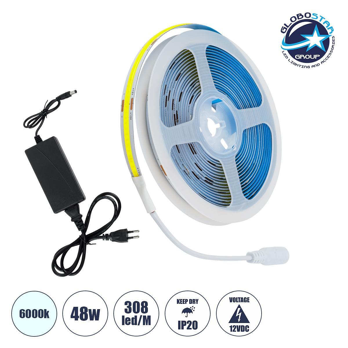 GloboStar® 70417 Комплект COB LED Лента 5m 48W/5m 308LED/m 864lm/m 120° DC 12V IP20 с Захранване Студено Бяло 6000K