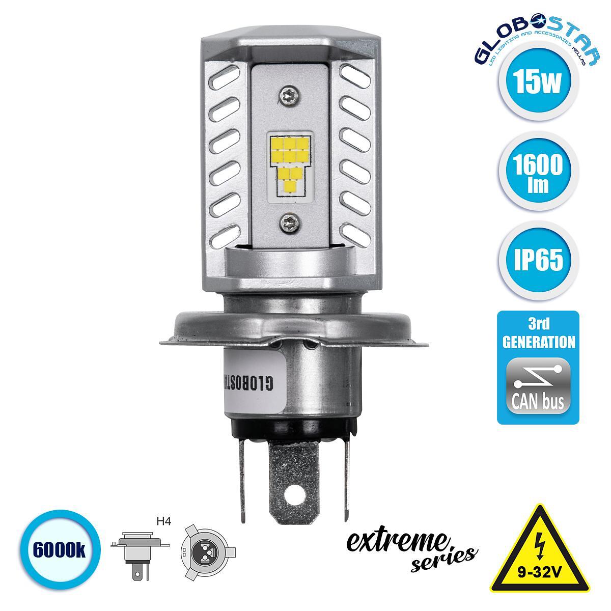 GloboStar® 85620 H4 LED основна лампа за мотоциклет CREE CXB COB 15W 1600lm DC 9-32V Водоустойчива IP65 Студено бяло 6000K