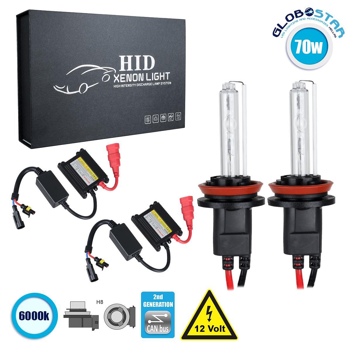 GloboStar® 84104 H8 CB Line KIT Основен Осветителен Комплект за Автомобил и Мотоциклет 2-ро Поколение Can-Bus Серия XENON 70W 6400lm DC 9-16V Водоуст