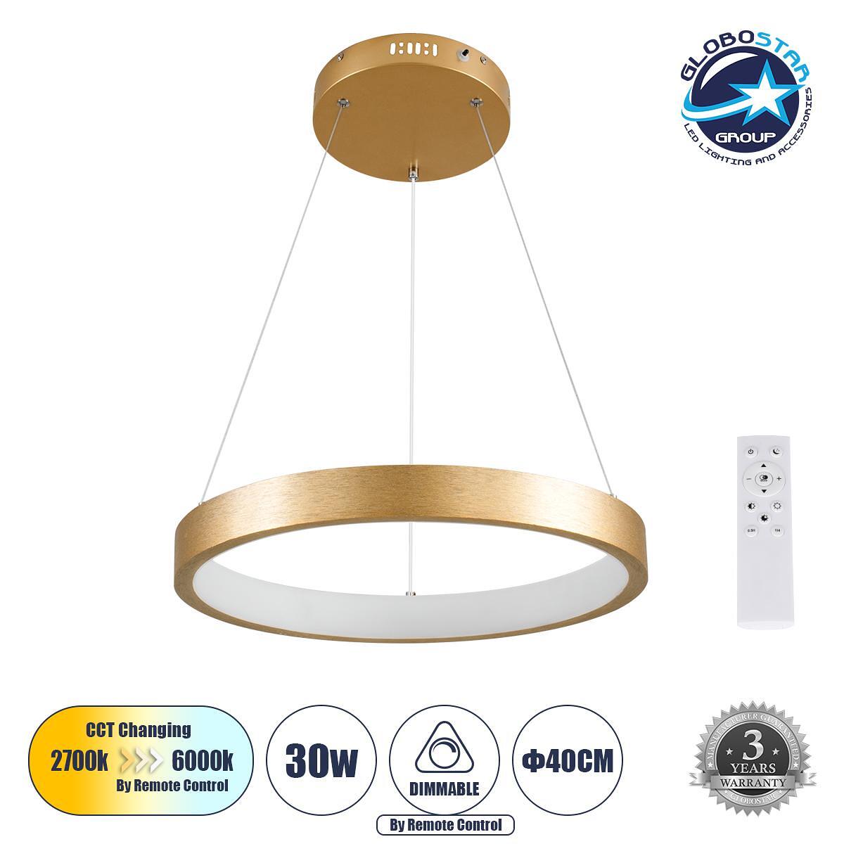 GLOBOSTAR® NEMESIS 61157 Модерен висящ LED плафон 30W 3513lm 360° AC 220-240V IP20 Регулируема бяла светлина CCT с дистанционно управление от 2700K д