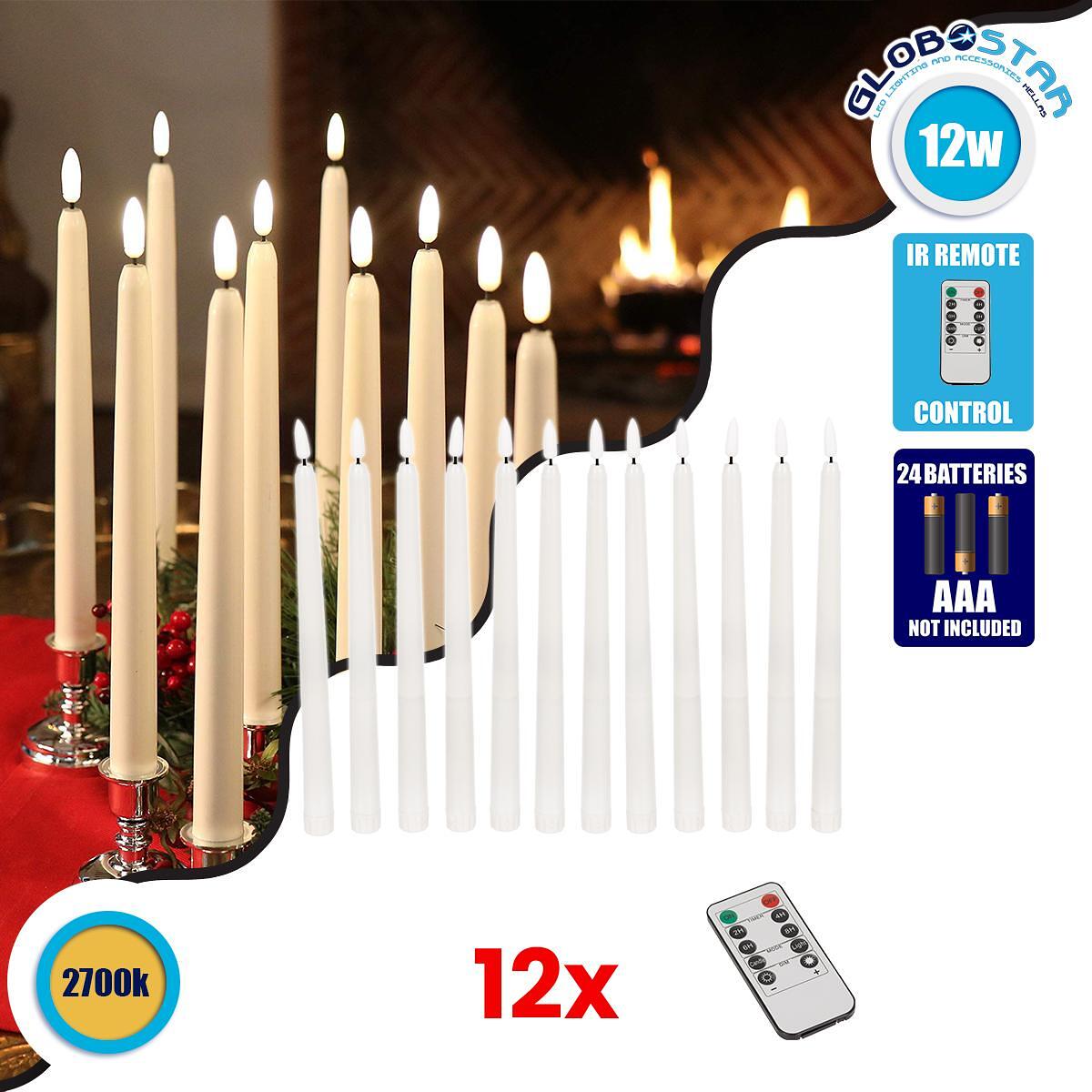 GloboStar® 79564 КОМПЛЕКТ 12 Декоративни Реалистични Свещи за Свещник с LED Ефект на Движещ се Пламък - Батерийни & Безжично IR Дистанционно Топло Бя