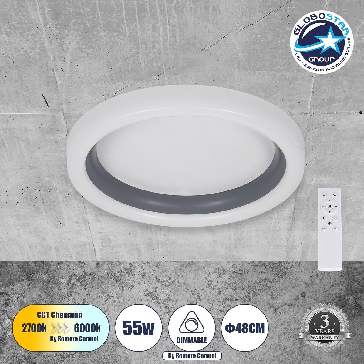 GLOBOSTAR® ARIANA 61036 Модерен LED плафон 55W 6376lm 120° AC 220-240V IP20 Регулируема бяла светлина CCT с дистанционно управление от 2700K до 6000K