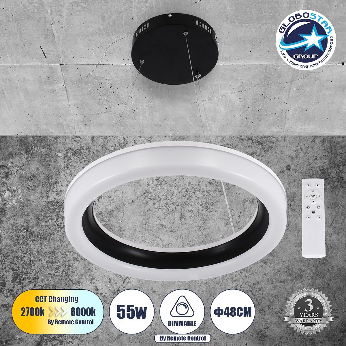 GLOBOSTAR® ARIANA 61037 Модерен висящ LED плафон 55W 6376lm 120° AC 220-240V IP20 Регулируема бяла светлина CCT с дистанционно управление от 2700K до