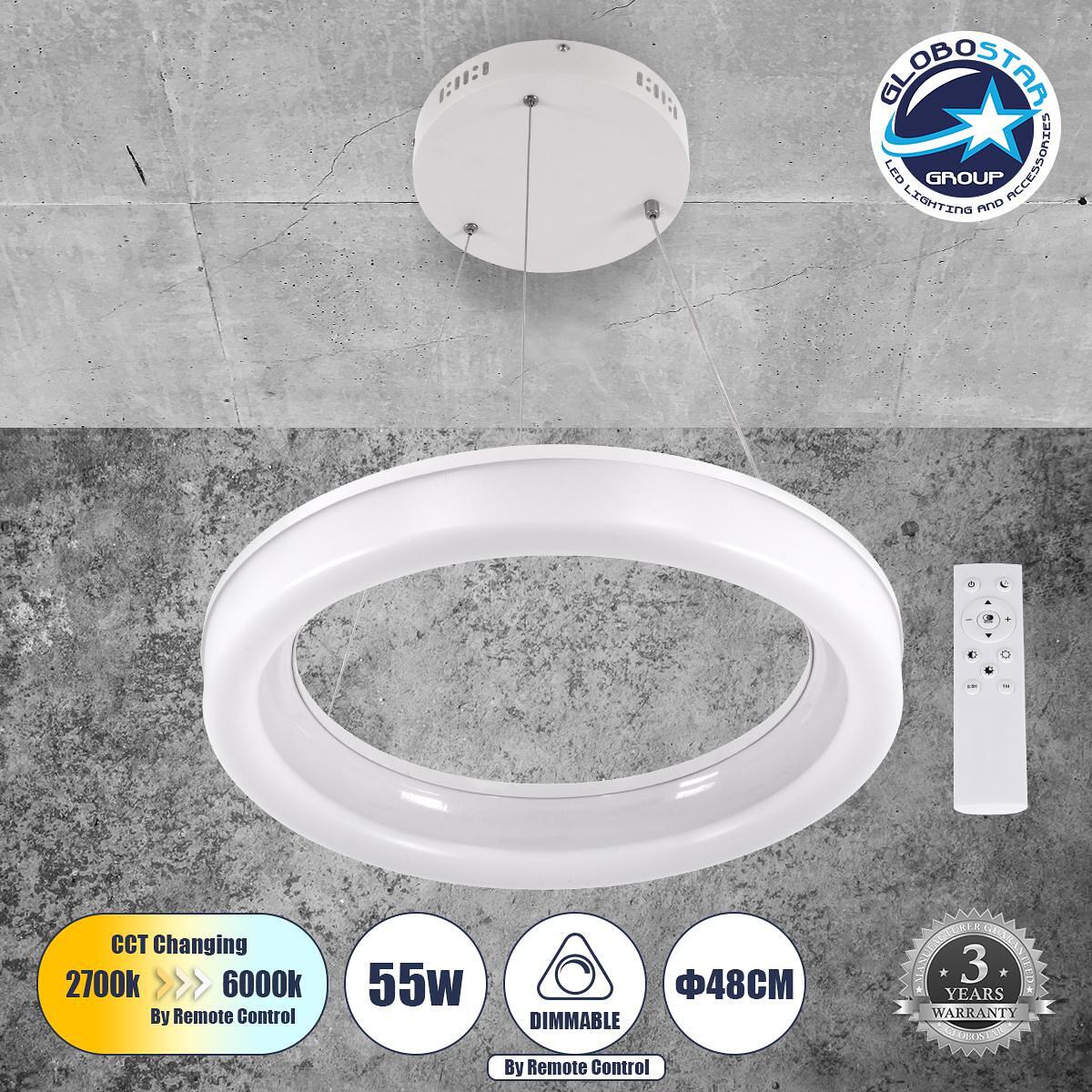 GLOBOSTAR® ARIANA 61038 Модерен висящ LED плафон 55W 6376lm 120° AC 220-240V IP20 Регулируема бяла светлина CCT с дистанционно управление от 2700K до
