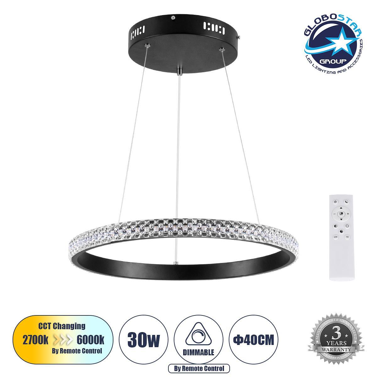 GLOBOSTAR® DIAMOND 61128 Модерен висящ LED плафон 30W 3513lm 360° AC 220-240V IP20 Регулируема бяла светлина CCT с дистанционно управление от 2700K д