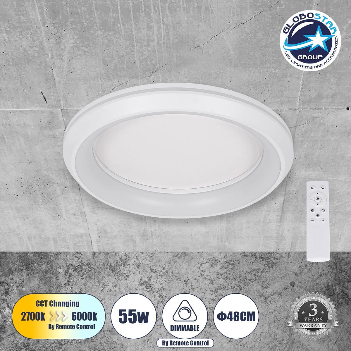 GLOBOSTAR® MELINA 61041 Модерен LED плафон 55W 6376lm 120° AC 220-240V IP20 Регулируема бяла светлина CCT с дистанционно управление от 2700K до 6000K