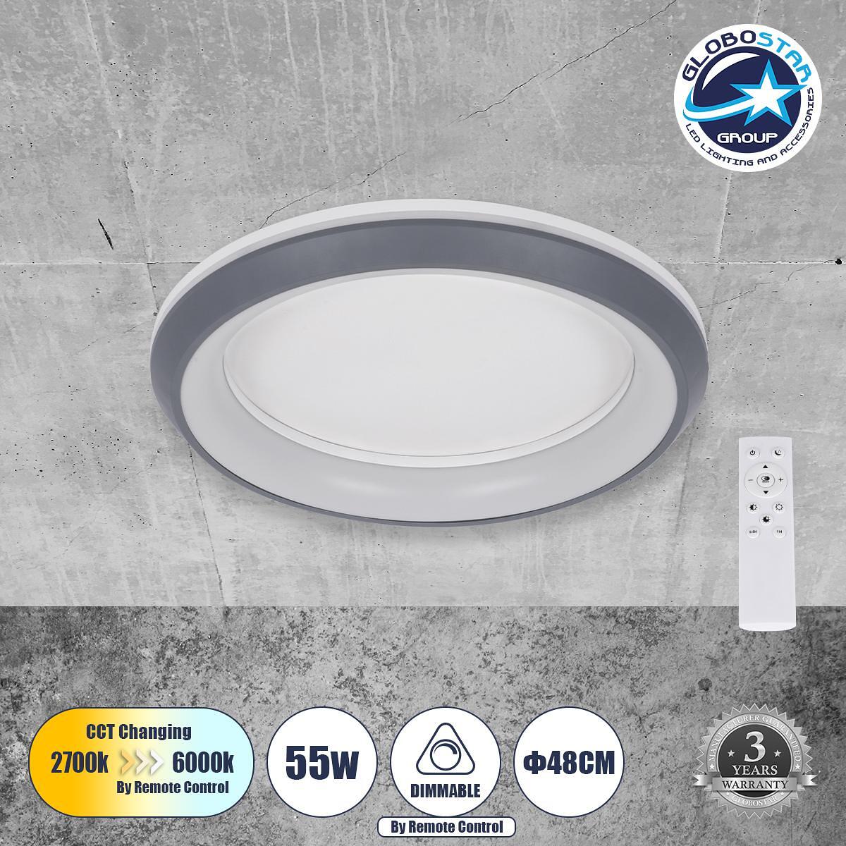 GLOBOSTAR® MELINA 61042 Модерен LED плафон 55W 6376lm 120° AC 220-240V IP20 Регулируема бяла светлина CCT с дистанционно управление от 2700K до 6000K