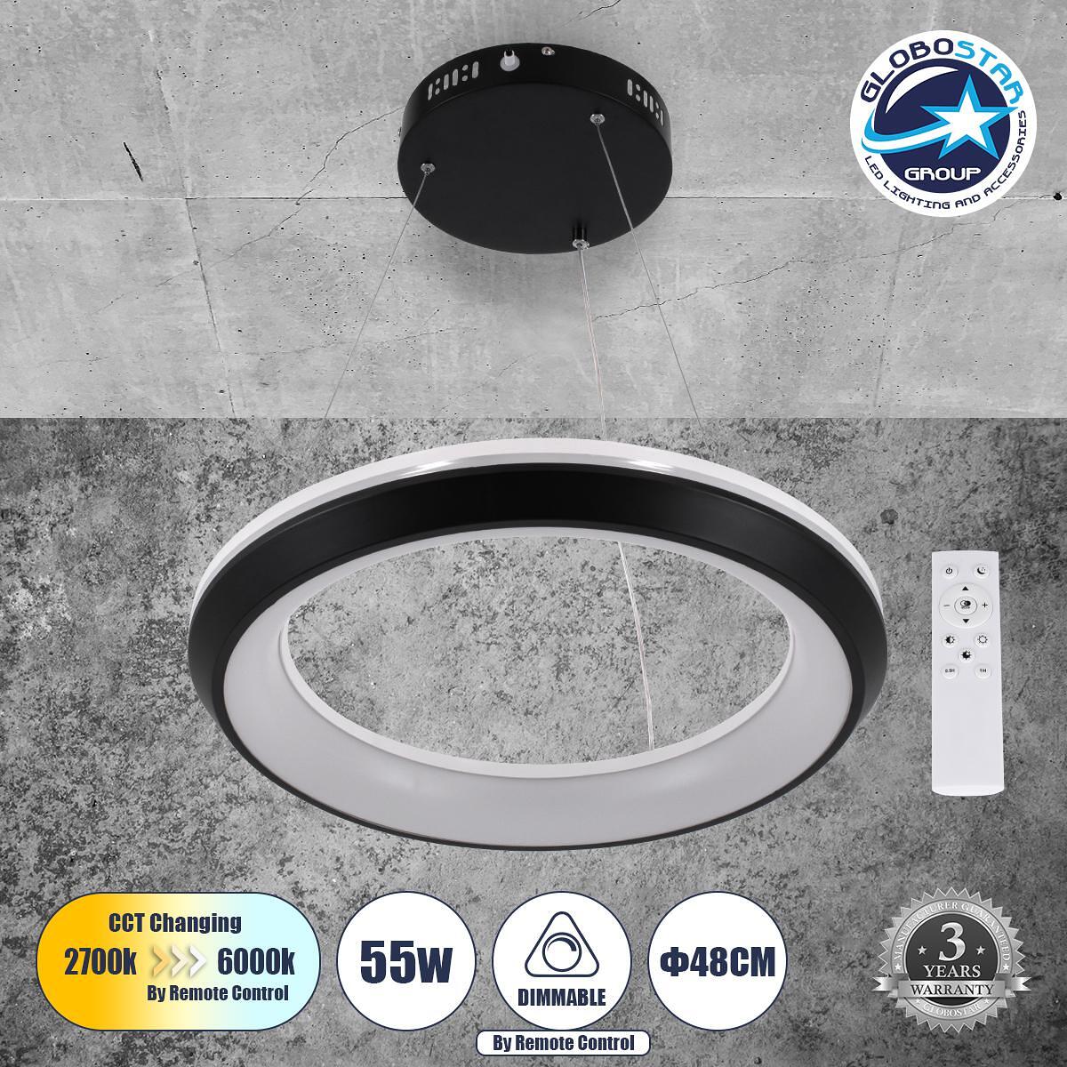 GLOBOSTAR® MELINA 61043 Модерен висящ LED плафон 55W 6376lm 120° AC 220-240V IP20 Регулируема бяла светлина CCT с дистанционно управление от 2700K до