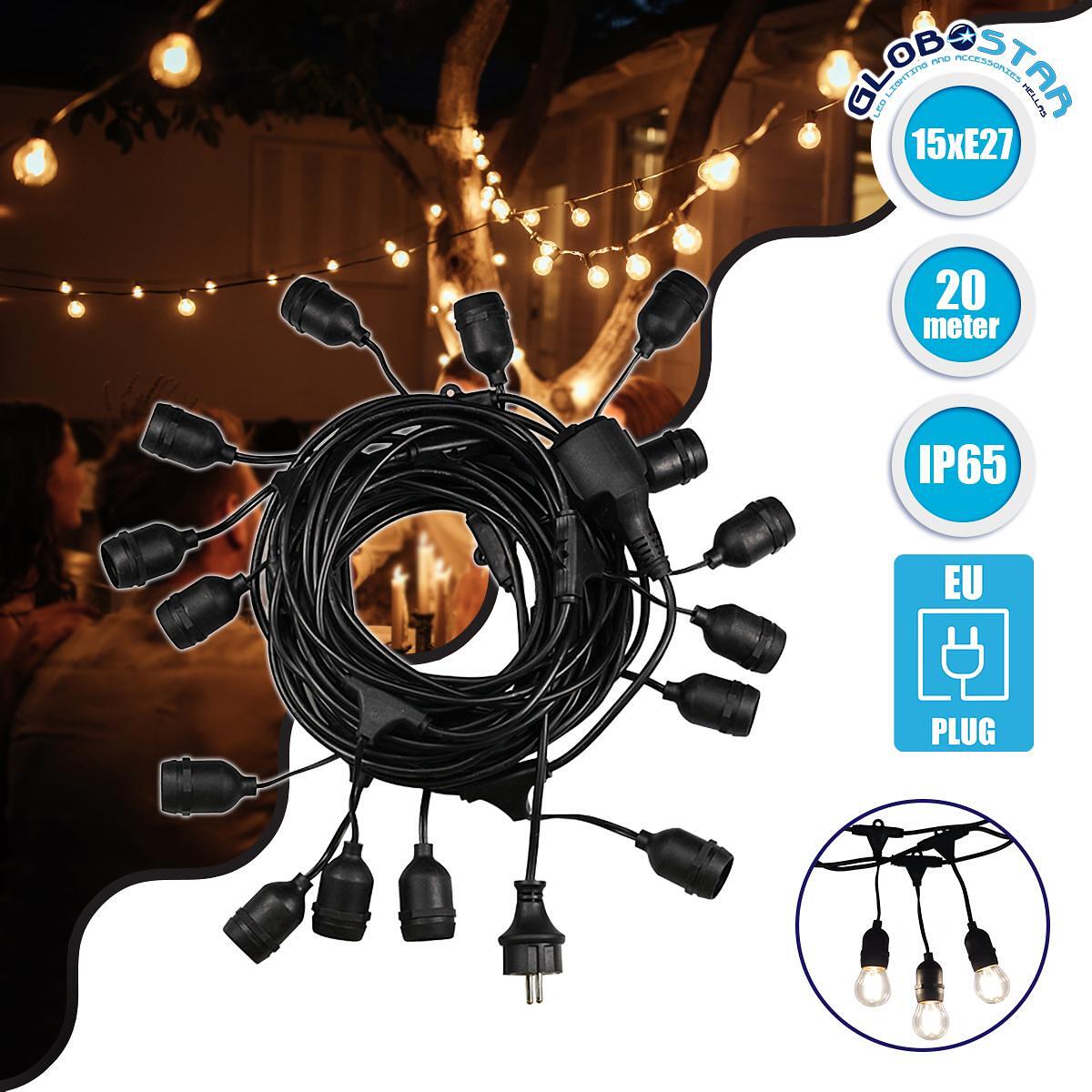GLOBOSTAR® E27GARLAND 78985 Модерна Градинска Висяща Лампа Гирлянда 20m с Фасунги 15 x E27 & Щепсел Schuko Разширяема 90° AC 220-240V IP65 - Черен -