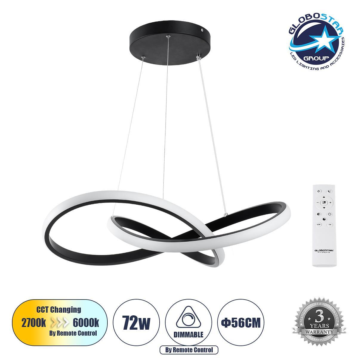 GLOBOSTAR® DEXTER 61049 Модерен висящ LED плафон 72W 8064lm 300° AC 220-240V IP20 Регулируема бяла светлина CCT с дистанционно управление от 2700K до