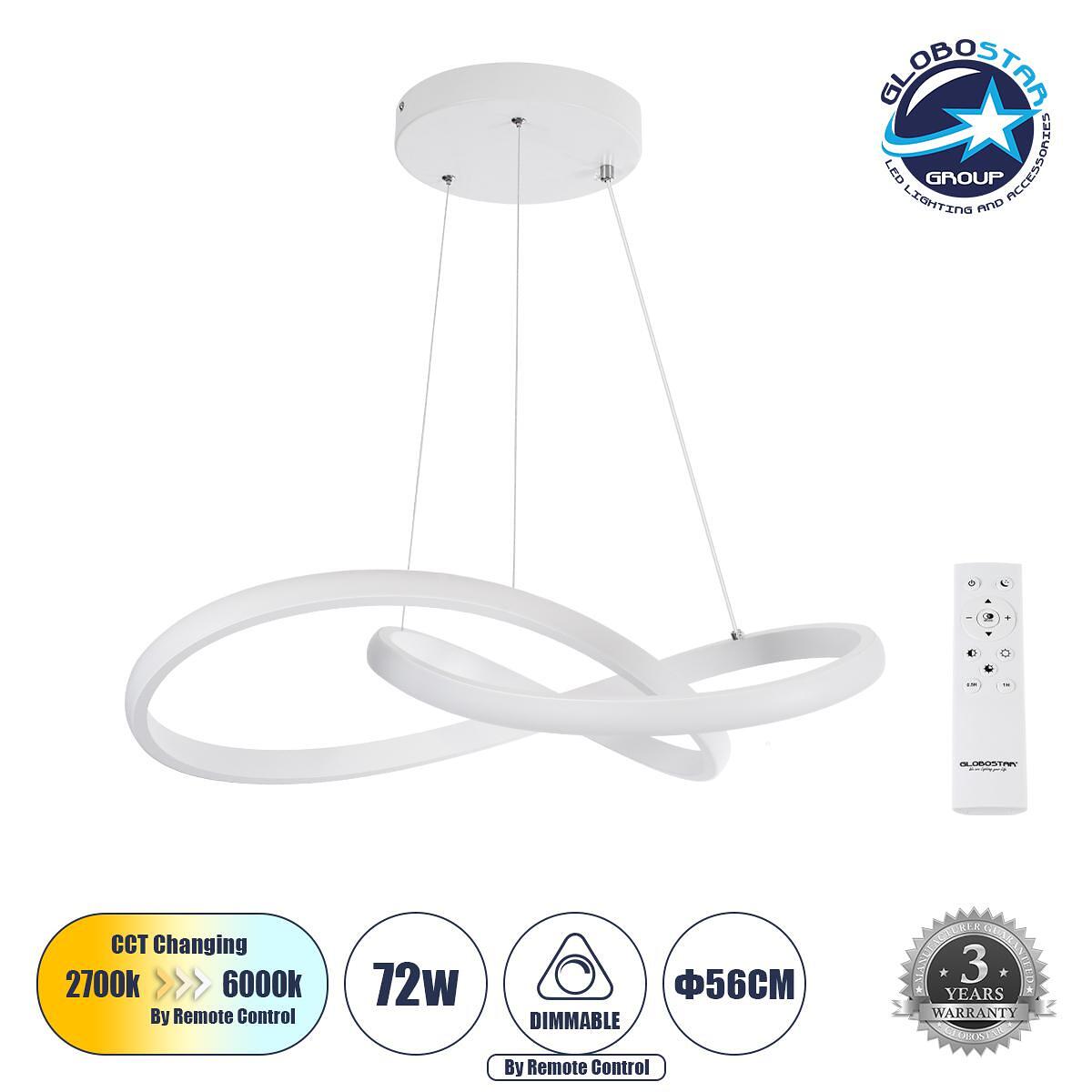 GLOBOSTAR® DEXTER 61050 Модерен висящ LED плафон 72W 8064lm 300° AC 220-240V IP20 Регулируема бяла светлина CCT с дистанционно управление от 2700K до