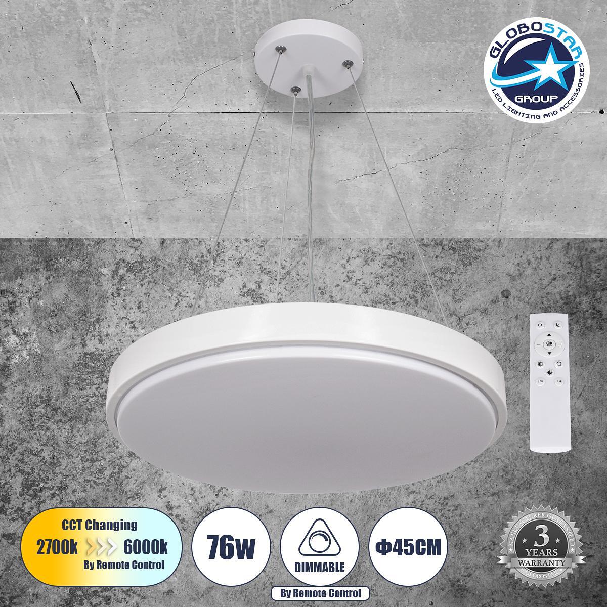 GLOBOSTAR® CASPER 61018 Модерен висящ LED плафон 76W 8372lm 120° AC 220-240V IP20 Регулируема бяла светлина CCT с дистанционно управление от 2700K до