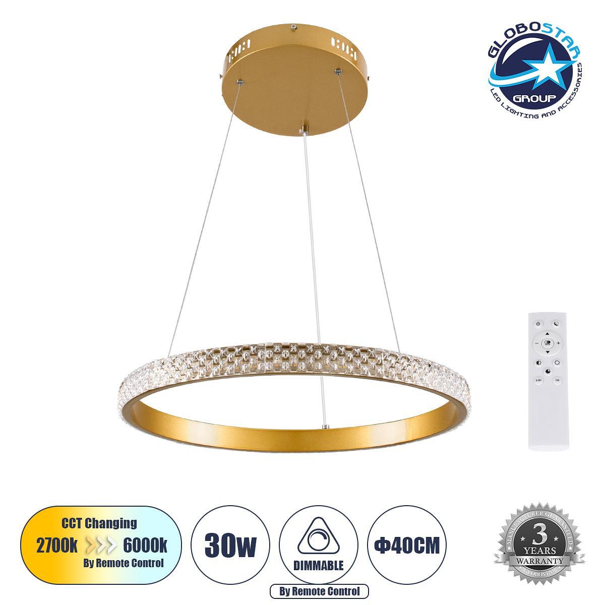 GLOBOSTAR® DIAMOND 61129 Модерен висящ LED плафон 30W 3513lm 360° AC 220-240V IP20 Регулируема бяла светлина CCT с дистанционно управление от 2700K д