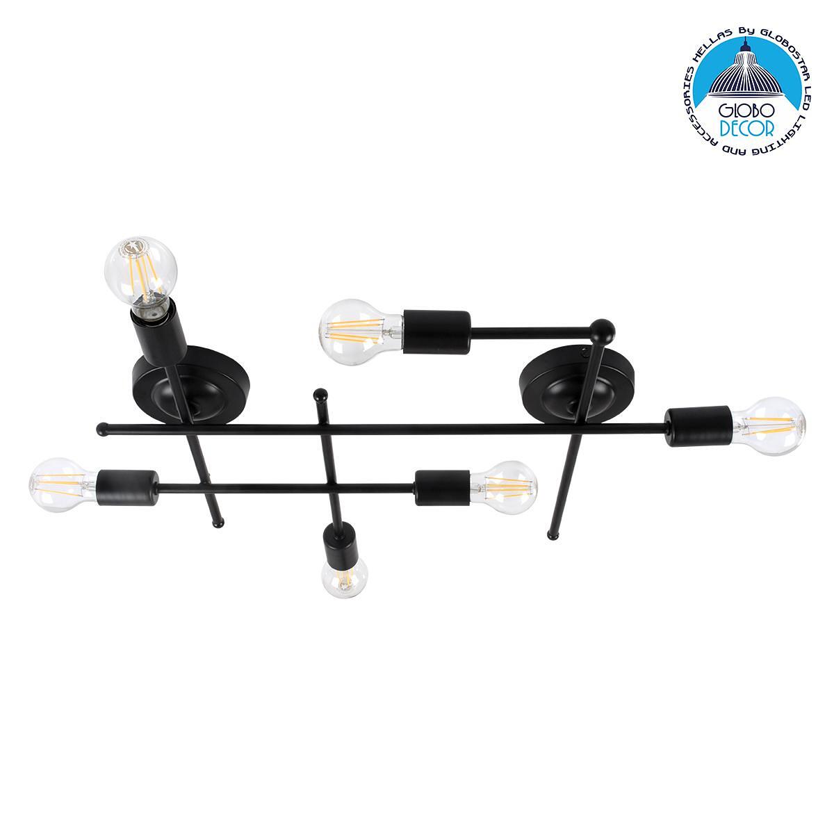 GLOBOSTAR® PIPING 00664-1 Винтидж Полилей с Фасунги 6 x E27 AC 220-240V IP20 - Черен - Д66 x Ш9.5 x В49cm