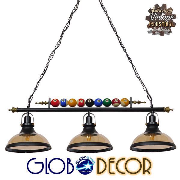 GLOBOSTAR® BILLIARD SERIES 01280 Винтидж Висяща Лампа за Таван с Фасунга 3 x E27 AC 220-240V IP20 - Черно & Кехлибарено - Д96 x Ш25 x В30cm