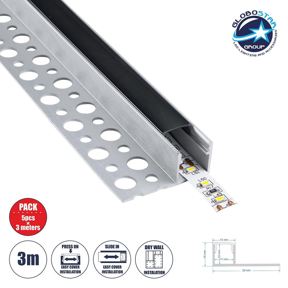 GloboStar® PLASTERBOARD-PROFILE 70835-3M Алуминиев профил – Основа и радиатор за LED лента с черен опушен капак – Вградена крайна употреба за завърше