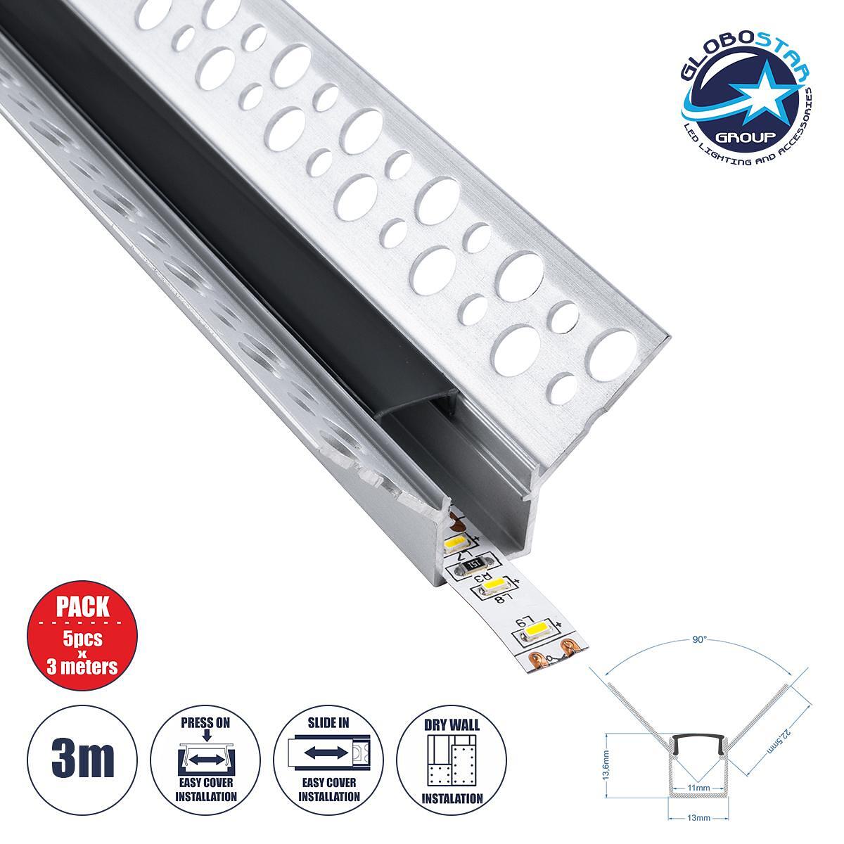 GloboStar® PLASTERBOARD-PROFILE 70837-3M Алуминиев профил – Основа и радиатор за LED лента с черен опушен капак – Вграден ъглов монтаж във вътрешен ъ