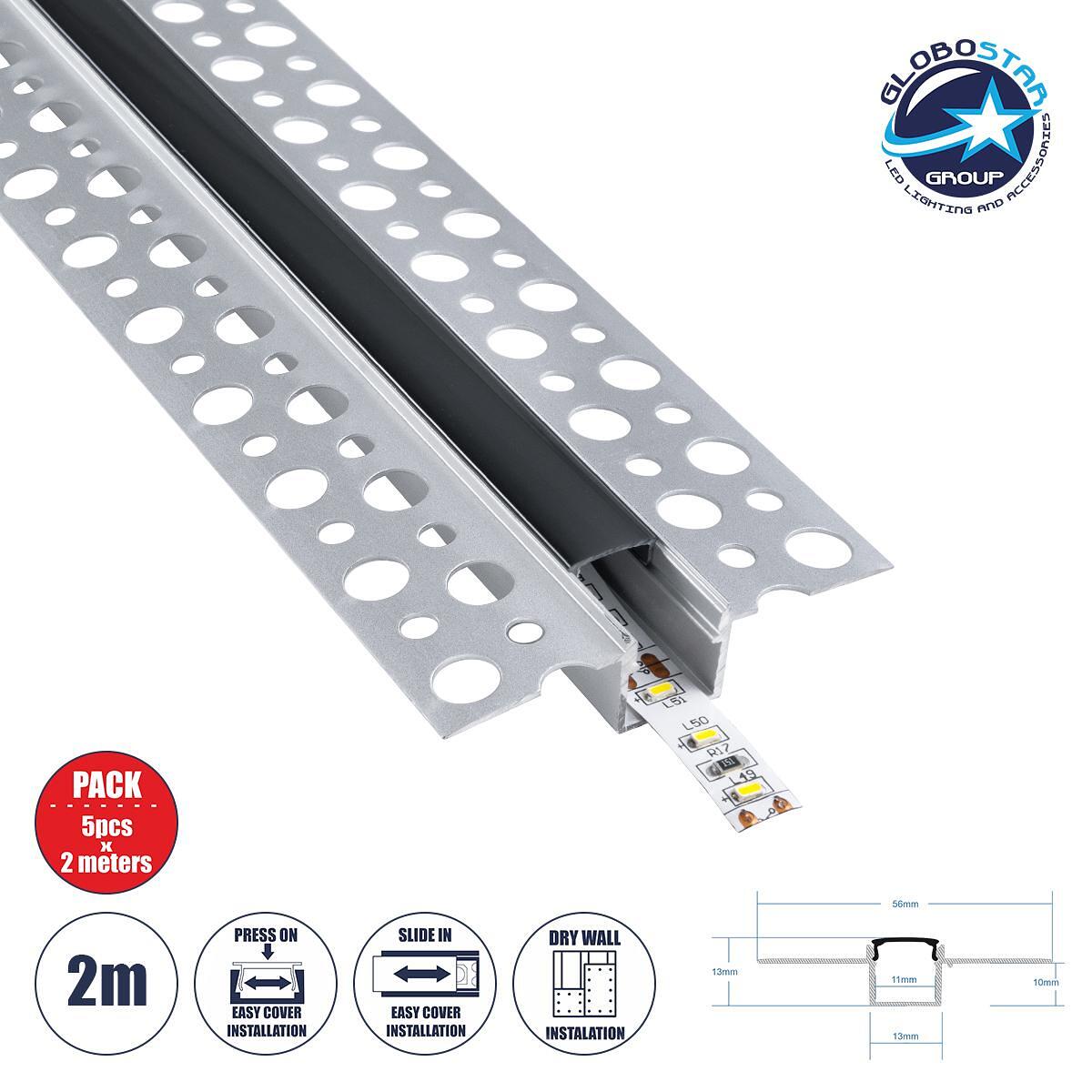 GloboStar® PLASTERBOARD-PROFILE 70839-2M Алуминиев профил – Основа и радиатор за LED лента с черен опушен капак – За вграждане в гипсокартон – Trimle
