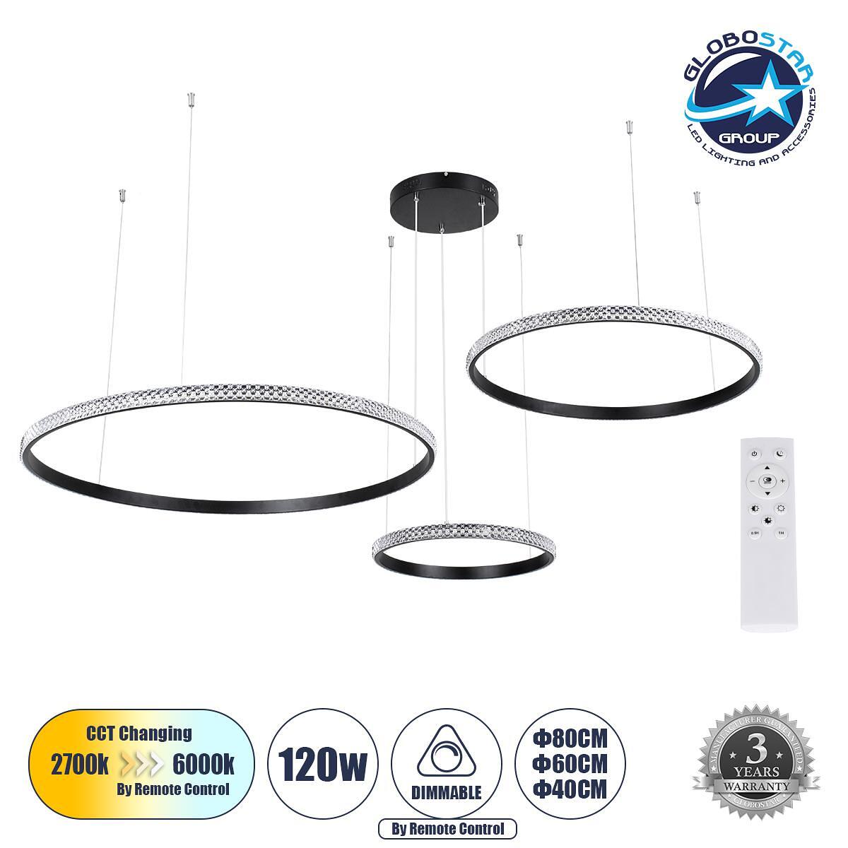 GLOBOSTAR® DIAMOND TRIO 61144 Модерен висящ LED осветител за таван 120W 14723lm 360° AC 220-240V IP20 Регулируема бяла светлина CCT с дистанционно уп