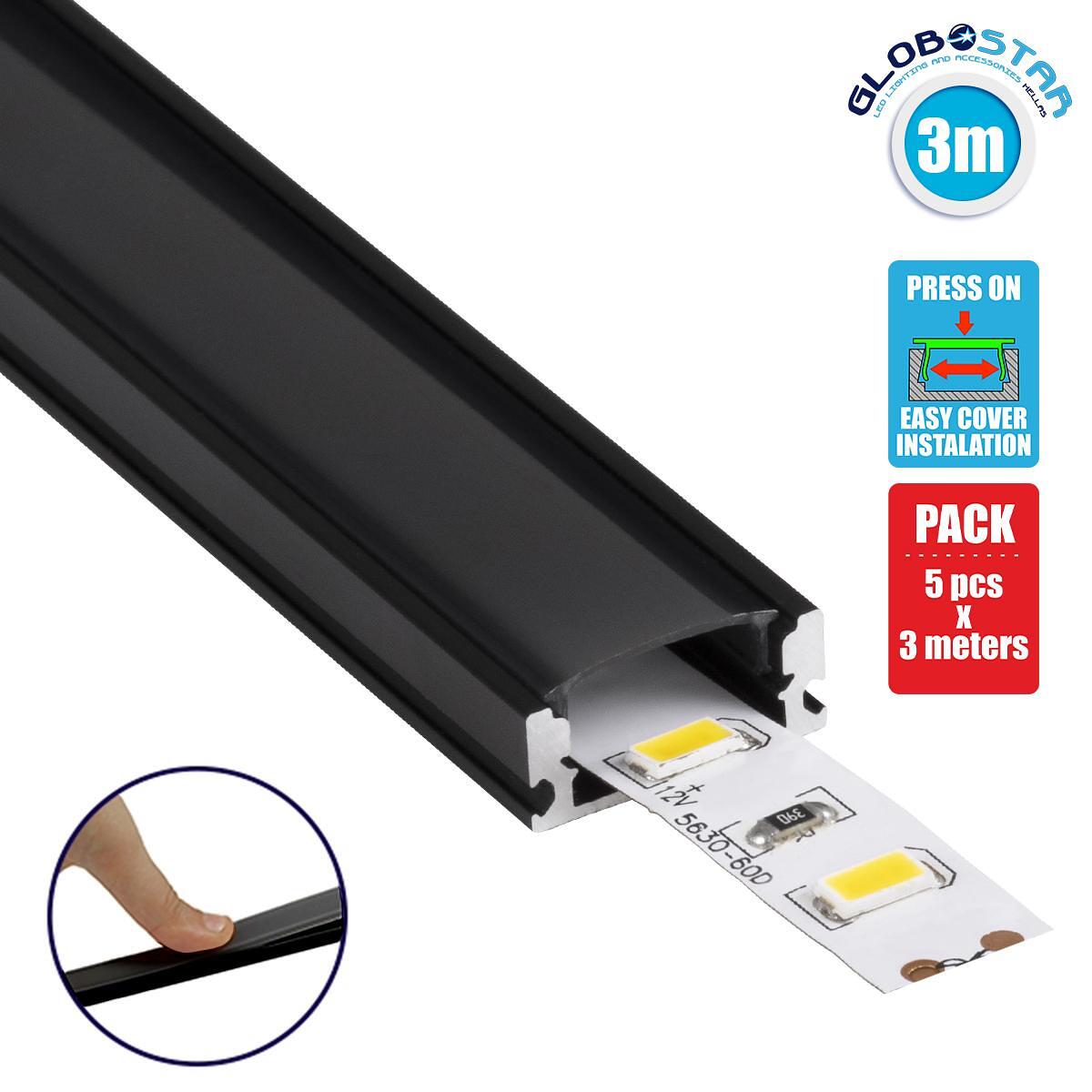 GLOBOSTAR® ALP-LINEAR SURFABO 70806-3M Повърхностен Алуминиев Профил с Черен Опушен Натискащ Капак за LED Ленти IP20 - Черен & Бял - Д300 x Ш1.6 x В0