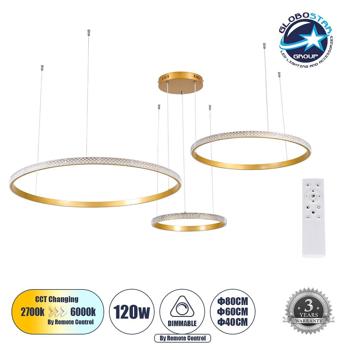 GLOBOSTAR® DIAMOND TRIO 61145 Модерен висящ LED полилей 120W 14723lm 360° AC 220-240V IP20 Регулируема бяла светлина CCT с дистанционно управление от