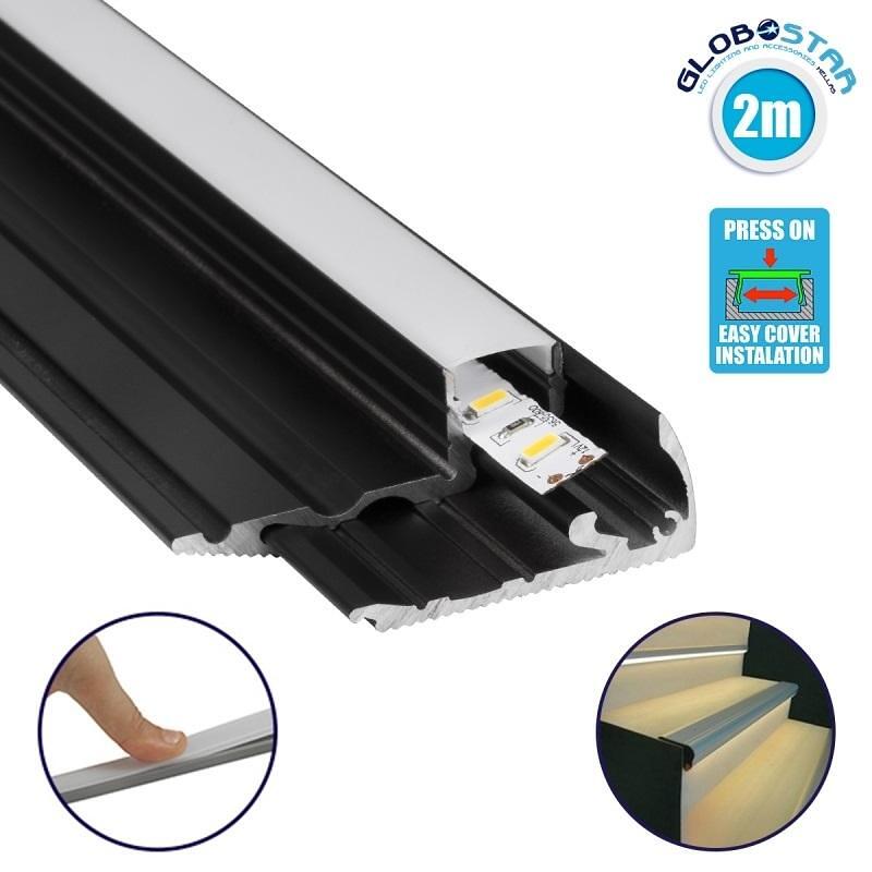 GLOBOSTAR® ALP-STEP-GRIP STAIR 70841-2M Повърхностен алуминиев профил, специален за осветление на стъпала с бяло матово покривно стъпало за LED ленти