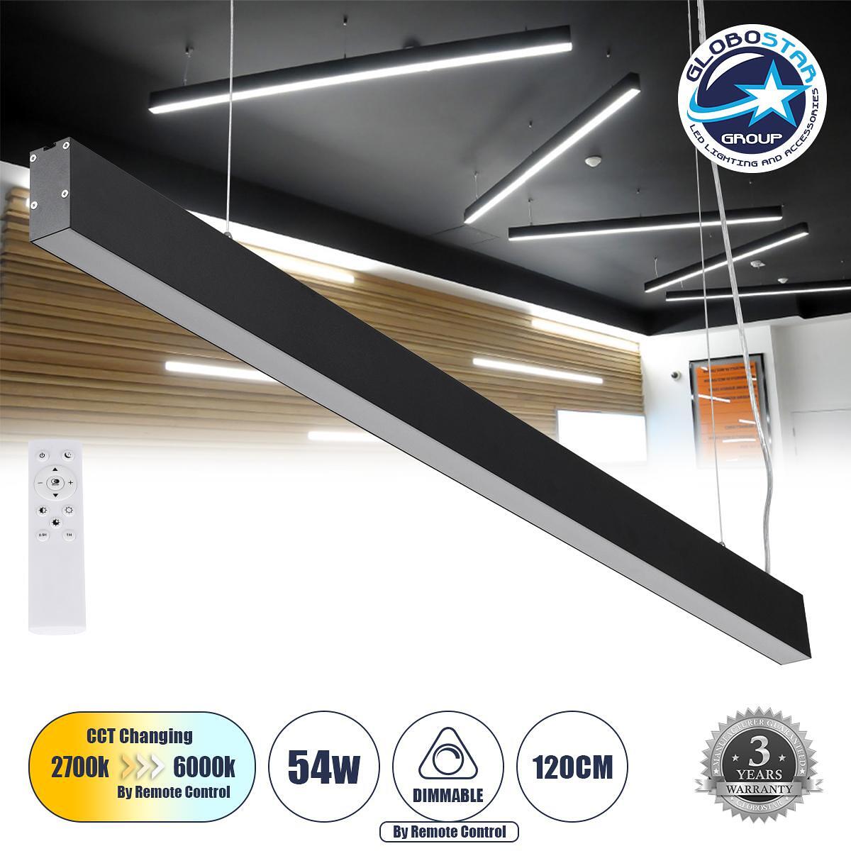 GLOBOSTAR® FELIX 61028-P Модерен линеен висящ LED осветител за таван 54W 6500lm 120° AC 220-240V IP20 Регулируема бяла CCT с дистанционно управление
