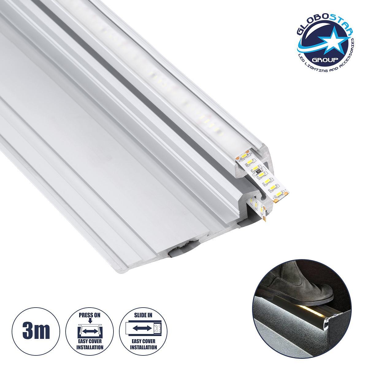 GloboStar® STAIR-PROFILE 70842-3M Алуминиев профил - Основа и радиатор за LED лента с бяло матово покритие - За употреба на стълби - Стъпваем капак -