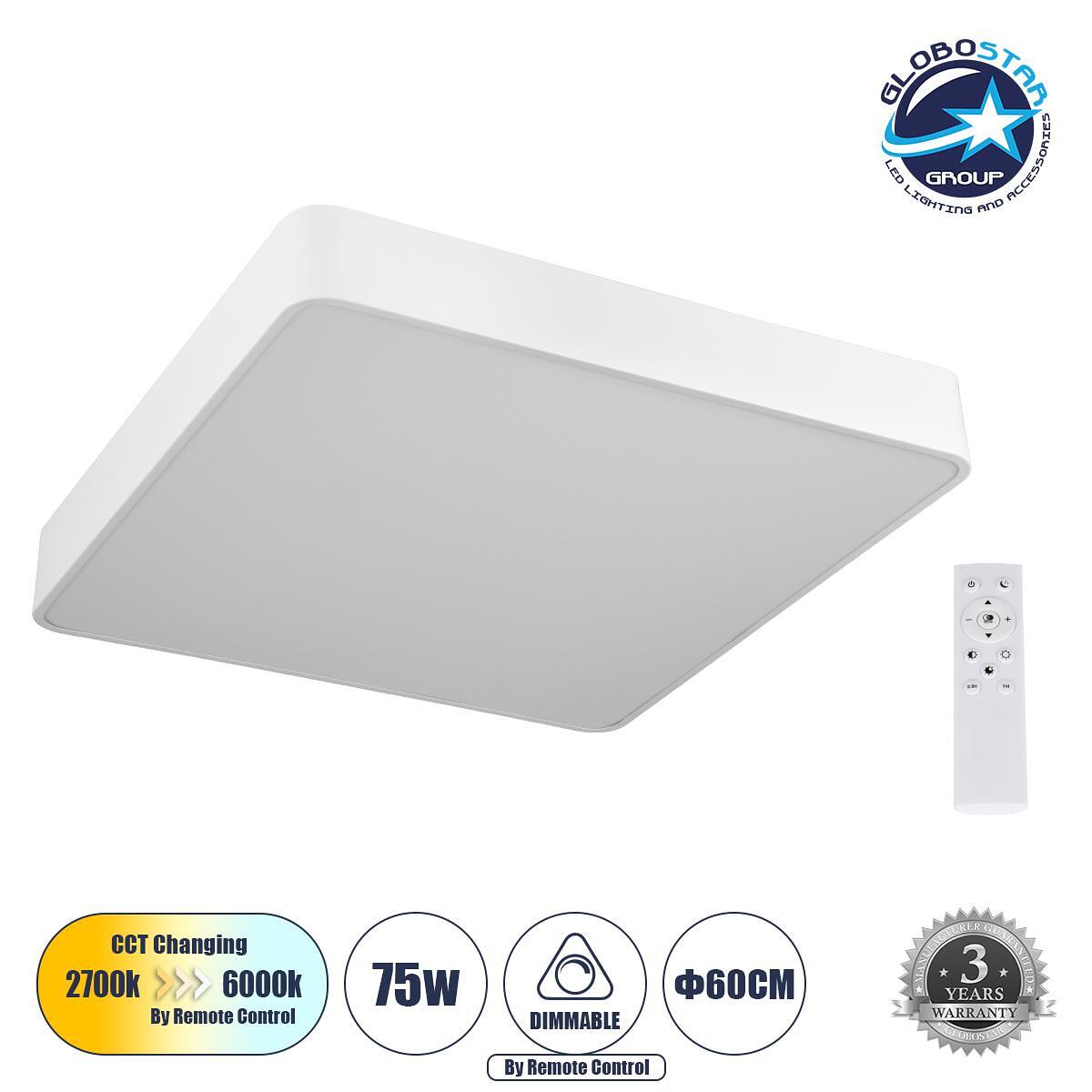GLOBOSTAR® KAMALA 61209-S Модерен LED плафон 75W 8625lm 120° AC 220-240V IP20 Регулируема бяла светлина CCT с дистанционно управление от 2700K до 600