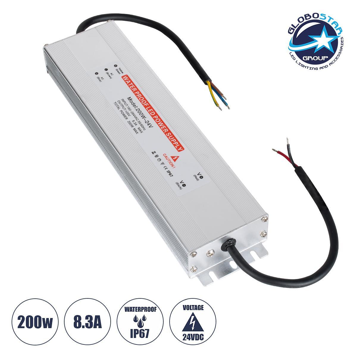 GloboStar® 73064 Метално захранване SELV за LED продукти 200W 8.3A - AC 220-240V към DC 24V - Водоустойчиво IP67 М25.5 x Ш6.5 x В3cm - 3 години гаран