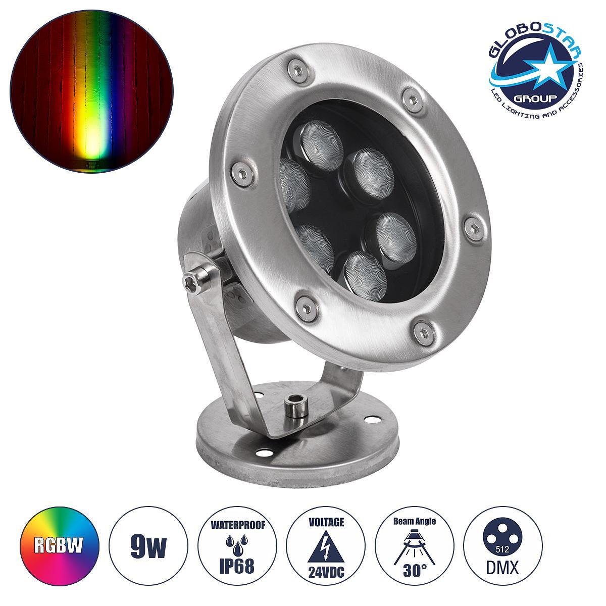 GLOBOSTAR® UNDERWATER-DINA 90677 Подводен прожектор спот за фонтани/басейни LED 9W 945lm 30° DC 24V Водоустойчив IP68 RGBW DMX512 Димируем - Неръждае