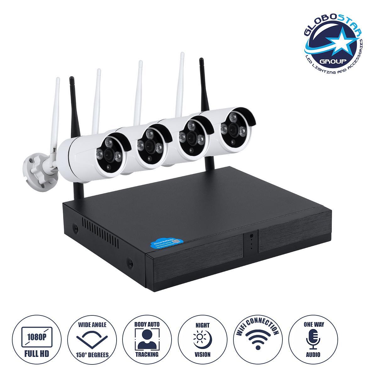 GloboStar® 86037 Безжичен видеорекордер с 4 x Камери 2MP 1080P WiFi 150° градуса - Водоустойчив IP66 - Нощно виждане с LED IR - Еднопосочна аудио ком