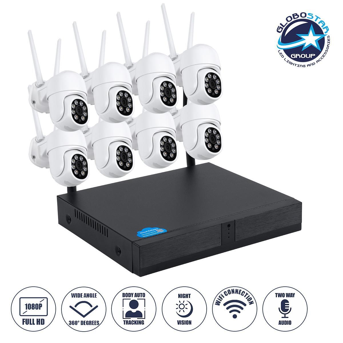 GloboStar® 86040 Безжичен видеорекордер с 8 x Камери 2MP 1080P WiFi 360° - Водоустойчив IP66 - Нощно виждане с LED IR - Двупосочна аудио комуникация