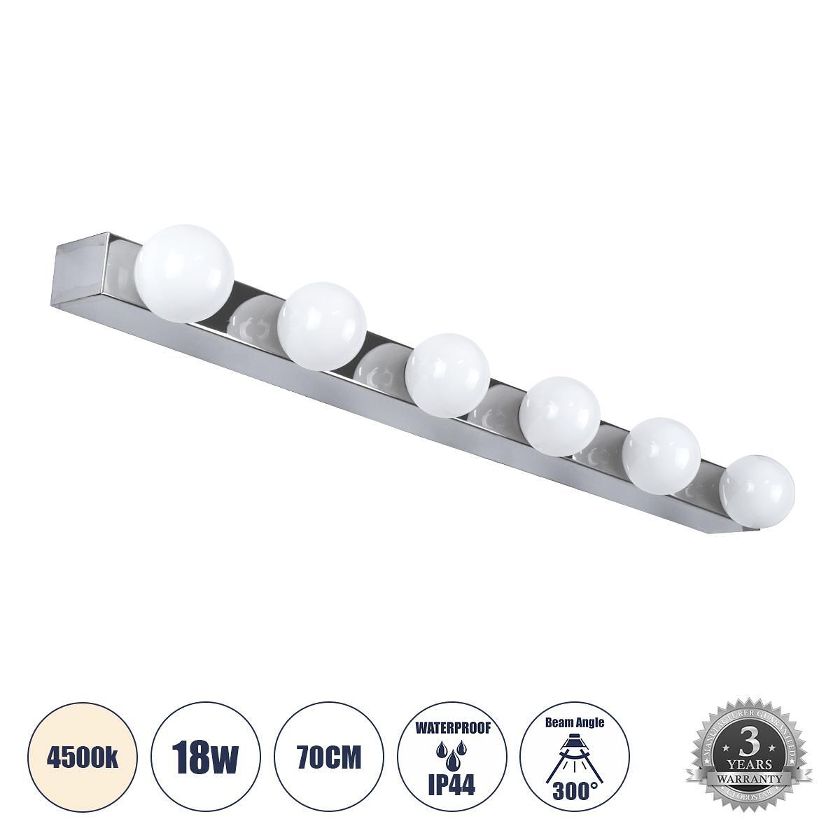 GLOBOSTAR® BELLA 60453 Модерен LED аплик за стена - Огледално осветление за баня 18W 2052lm 300° AC 220-240V IP44 Неутрално бяло 4500K - Bridgelux CO