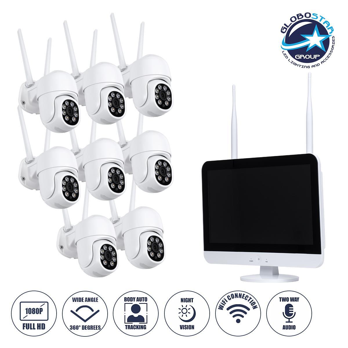 GloboStar® 86042 Безжичен видеорекордер с дисплей - 8 x Камера 2MP 1080P WiFi 360° - Водоустойчив IP66 - Нощно виждане с LED IR - Двуупосочна аудиовр