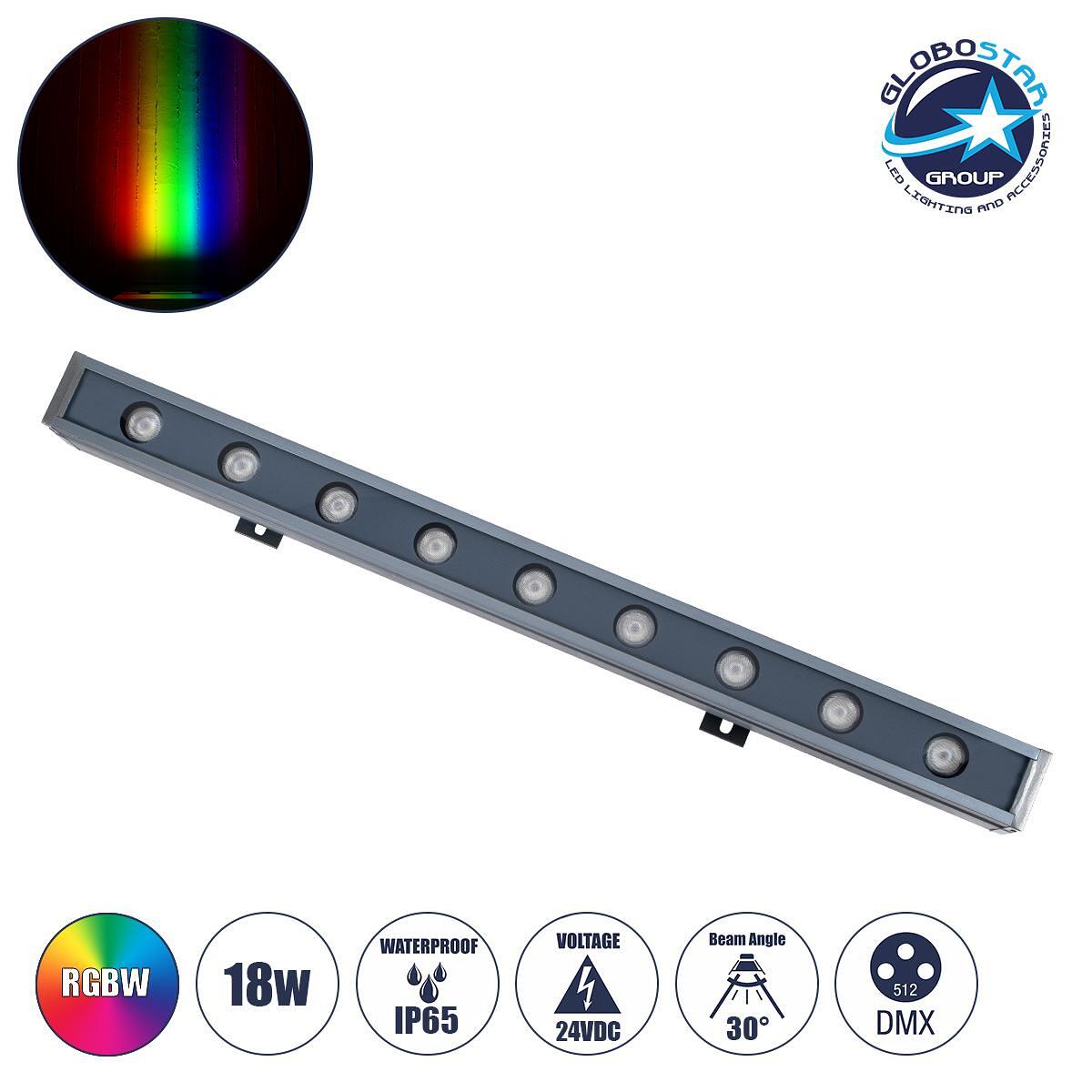 GLOBOSTAR® WASHERNAIA 90177 LED Линеен Осветител Wall Washer 18W 1530lm 30° DC 24V Водоустойчив IP65 Многоцветен RGBW Димируем DMX512 - Bridgelux SMD