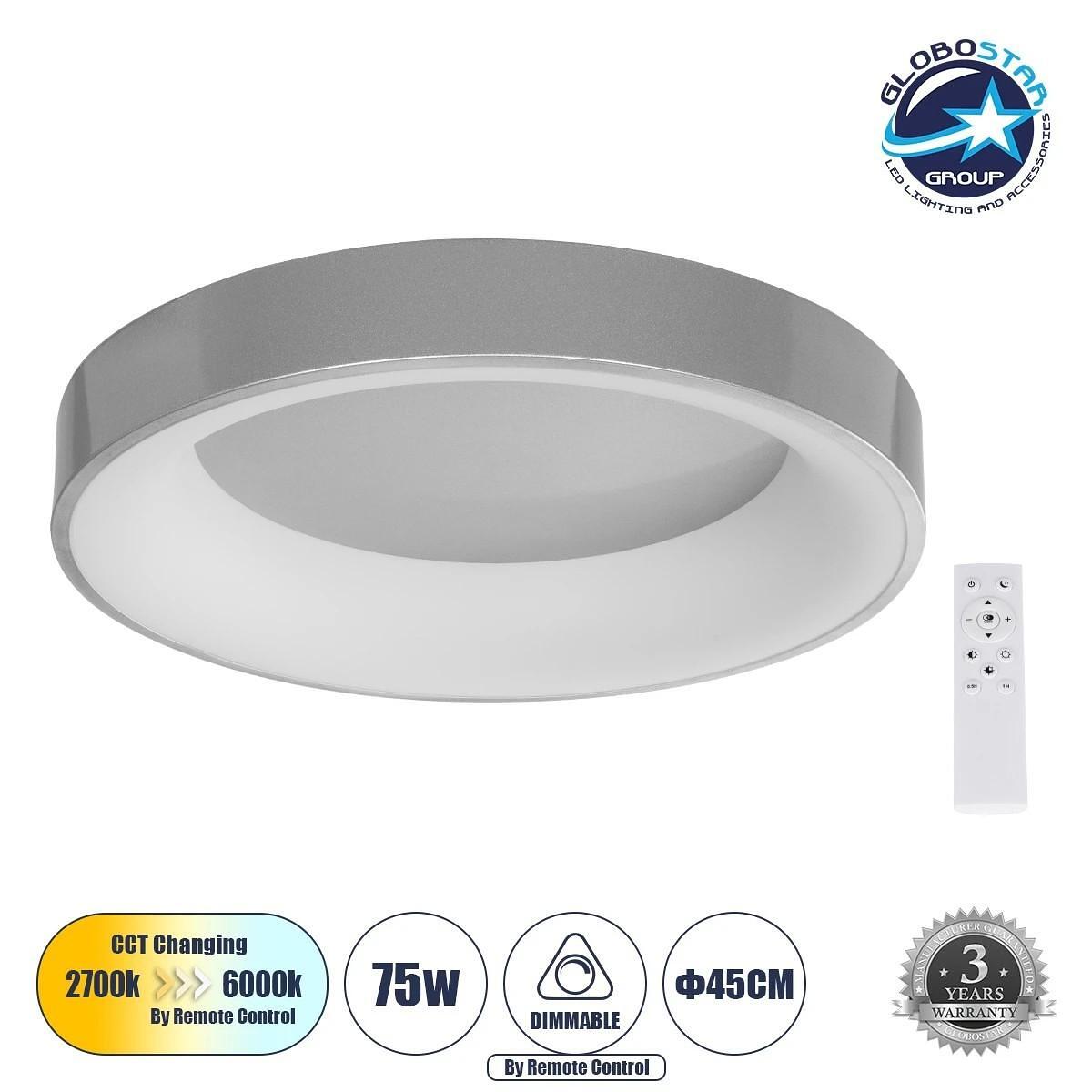 GLOBOSTAR® SALEM 61234 Модерен LED плафон 75W 8625lm 120° AC 220-240V IP20 Регулируема бяла светлина CCT с дистанционно управление от 2700K до 6000K