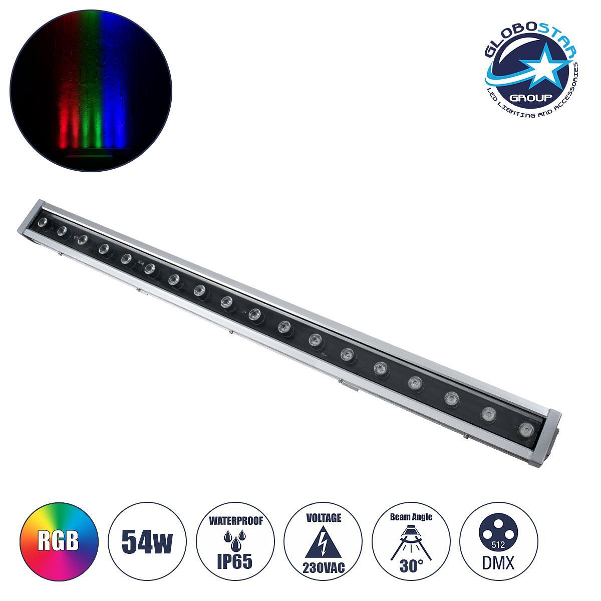 GloboStar® WASHER-DAIA S-90995 Лента за осветление Wall Washer LED 54W 5400lm 30° AC 230V Водоустойчива IP65 Д100 x Ш7.5 x В7cm Многоцветна RGB DMX51