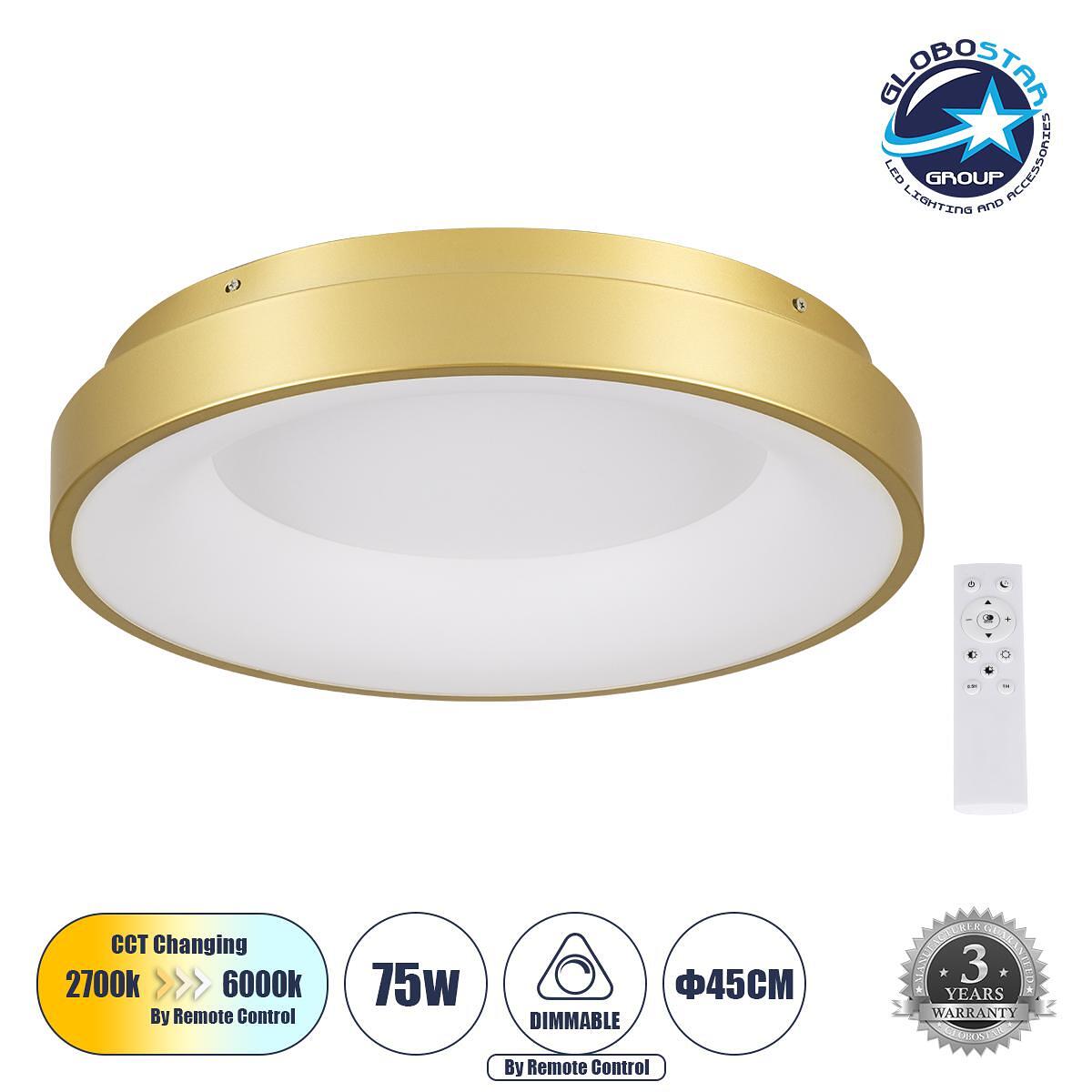 GLOBOSTAR® SALEM 61235 Модерен LED плафон 75W 8625lm 120° AC 220-240V IP20 Регулируема бяла светлина CCT с дистанционно управление от 2700K до 6000K