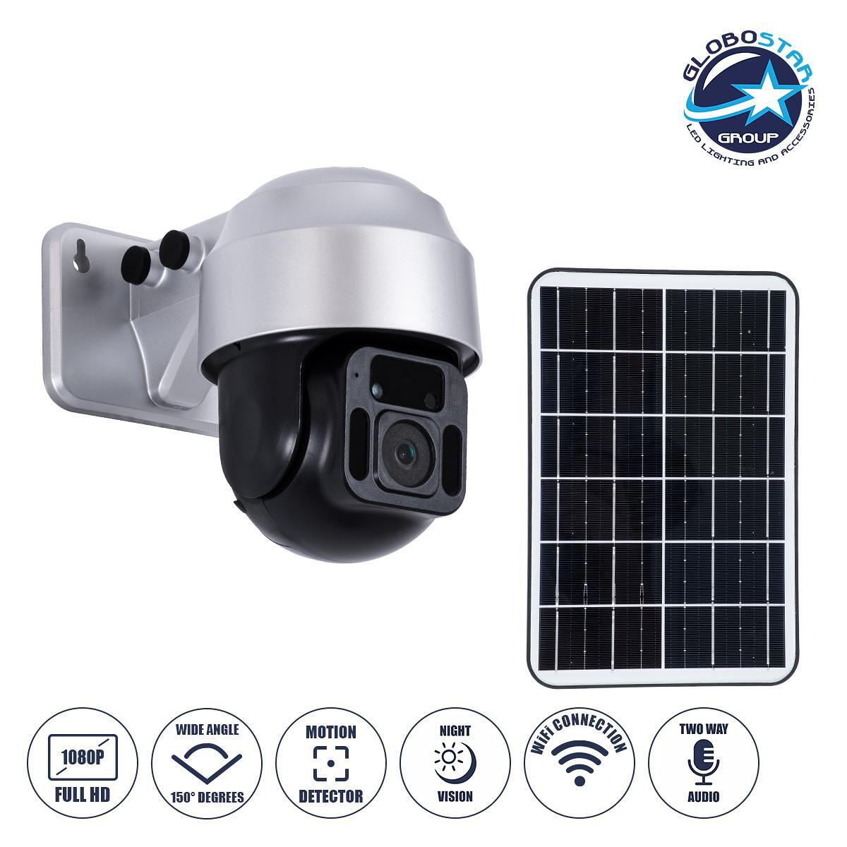 GloboStar® 86049 Самостоятелна Соларна Камера 1080P 2MP WiFi 150° Батерия 3200mAh Фотоволтаичен Панел Двуупосочна Комуникация Водоустойчива IP66 Студ
