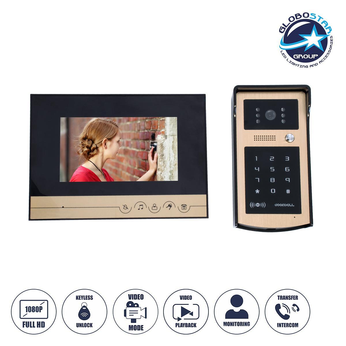 GloboStar® 86059 Комплект Видеодомофон с Цветен 7" Сензорен Екран и 1080P HD Камера & 4 Индуктивни Ключа за Електронни Брави - Черен - Златен
