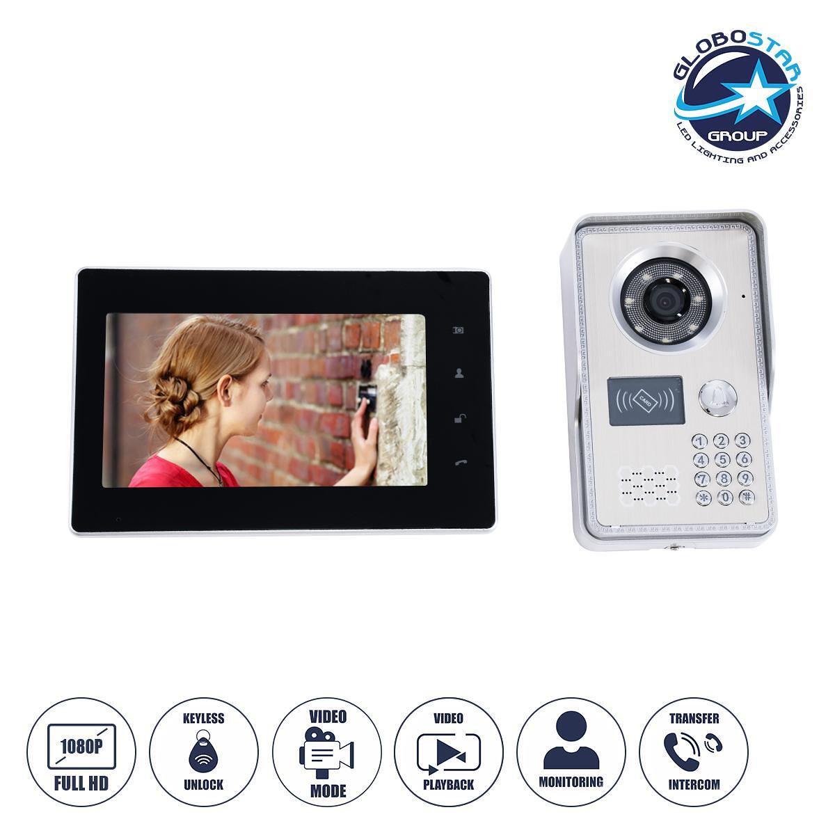 GloboStar® 86061 Комплект Видеодомофон с Цветен 7" Сензорен Екран и 1080P HD Камера & 4 Индуктивни Ключа за Електронни Брави - Черен - Сребрист