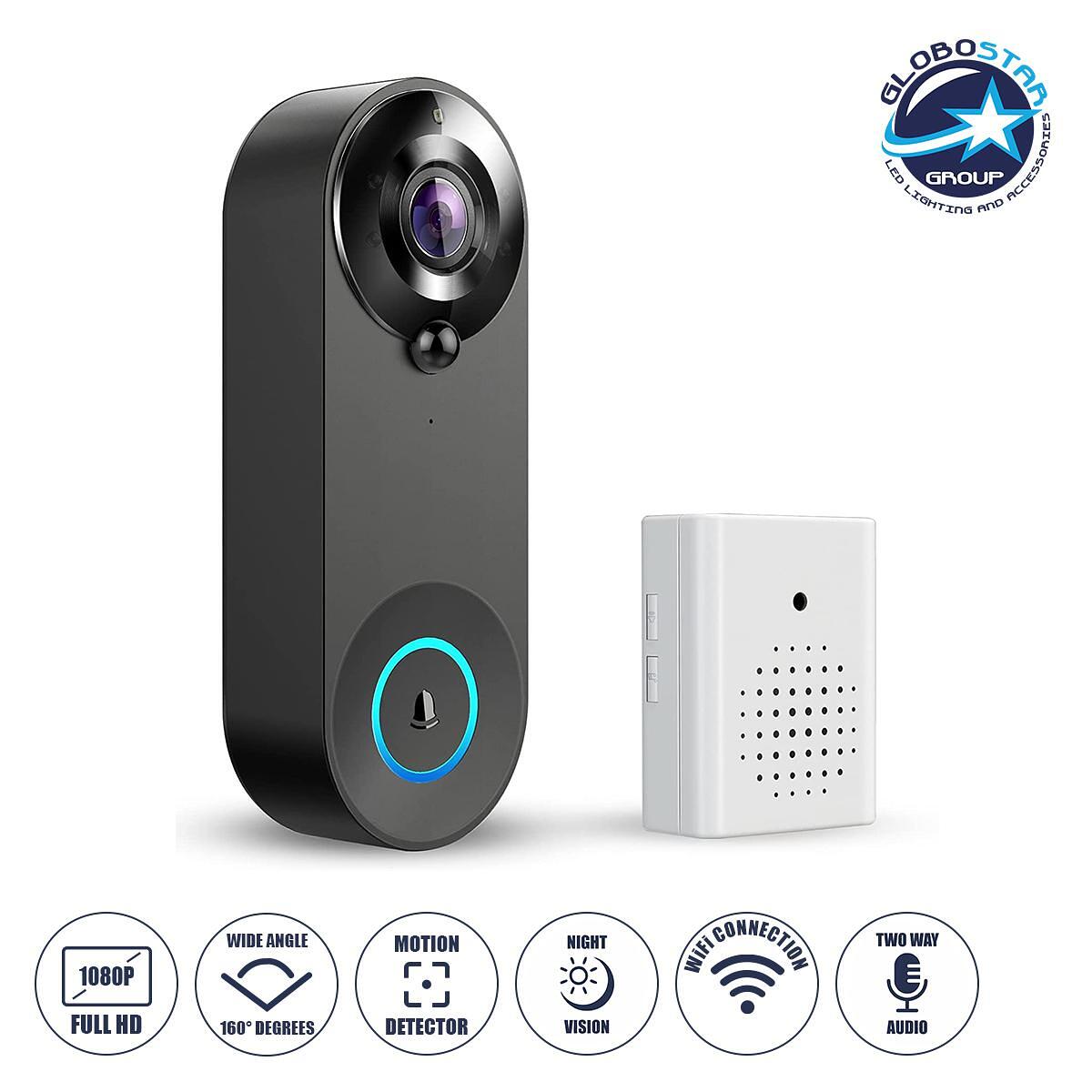 GloboStar® 86075 Презареждаема Дигитална Смарт Външна Камера за Входна Врата 1080P WiFi 166° - 2500mAh - Нощно Виждане с LED IR - Детектор за Движени