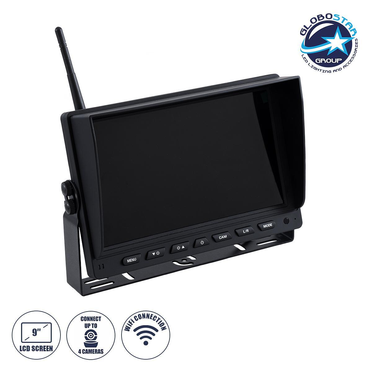 GloboStar® 86069 Цветен Екран 9" WiFi за Автомобил - Камион DC 12-24V - за Свързване до 4 WiFi Камери 1080P HD за Задно Виждане - Черен