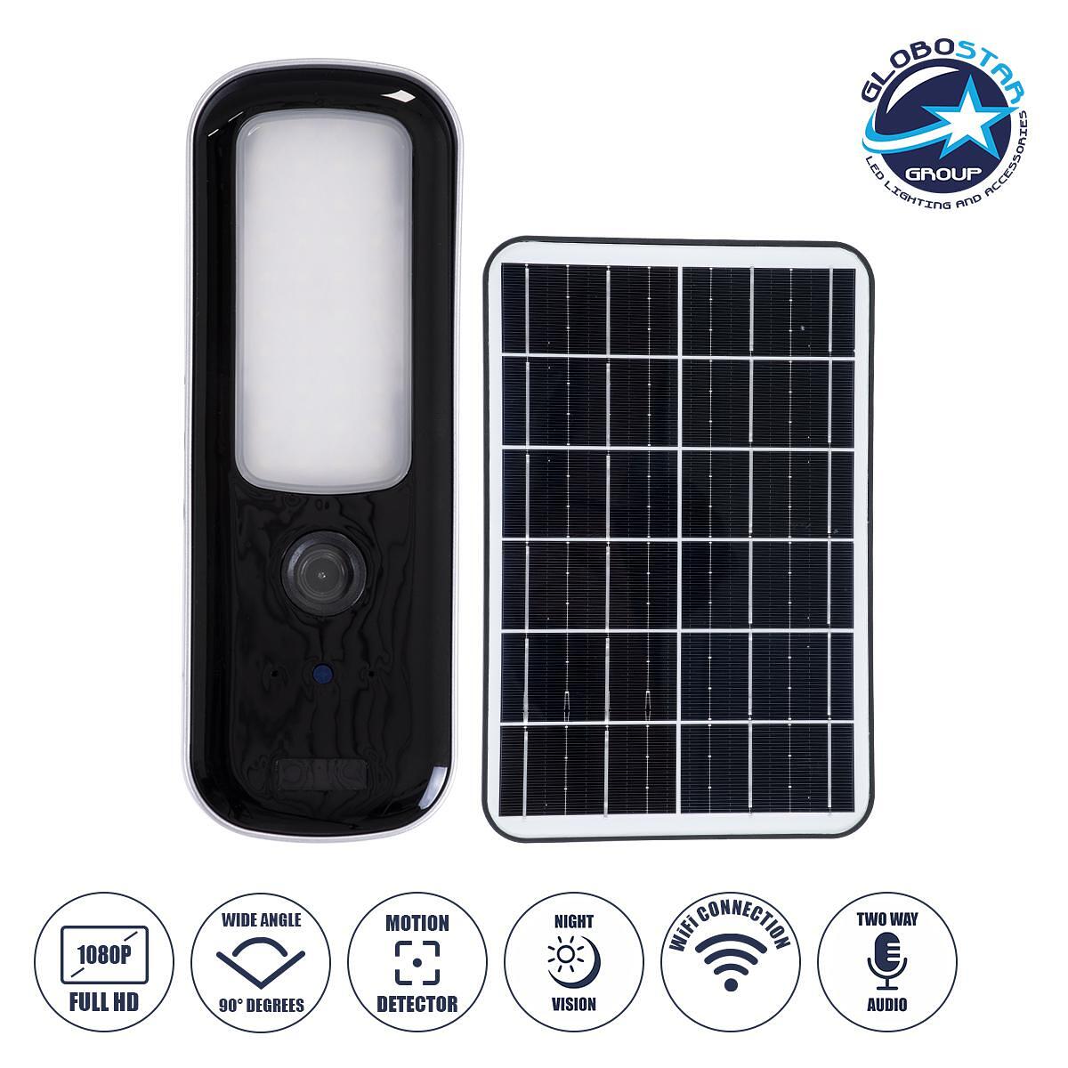 GloboStar® 86073 Самостоятелен Соларен LED SMD Стенен Прожектор 12W 600lm с IP Камера 1080P 2MP WiFi 150° Градуса - Вградена Батерия 2500mAh - Фотово