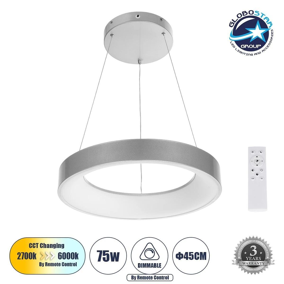 GLOBOSTAR® SALEM 61242 Модерен висящ LED плафон 75W 8625lm 120° AC 220-240V IP20 Регулируема бяла светлина CCT с дистанционно управление от 2700K до