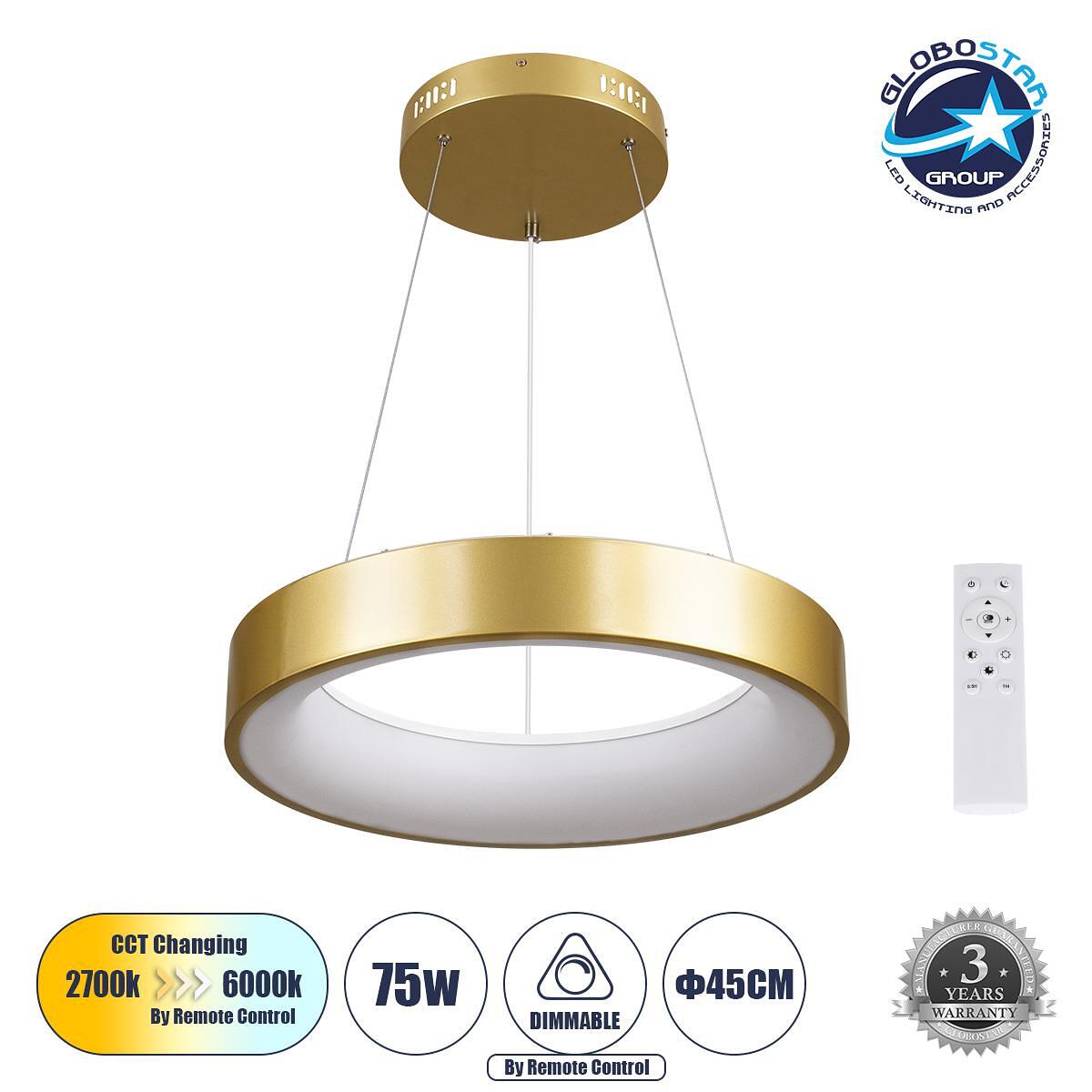 GLOBOSTAR® SALEM 61243 Модерен висящ LED плафон 75W 8625lm 120° AC 220-240V IP20 Регулируема бяла светлина CCT с дистанционно управление от 2700K до