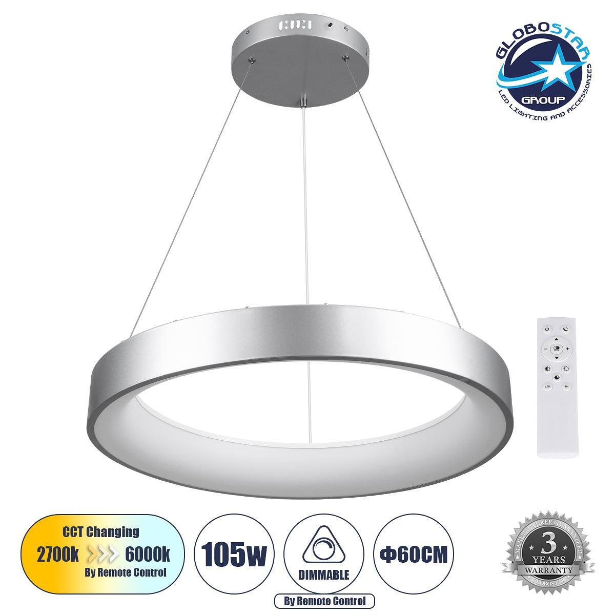 GLOBOSTAR® SALEM 61246 Модерен висящ LED осветител за таван 105W 12075lm 120° AC 220-240V IP20 Регулируема бяла светлина CCT с дистанционно управлени