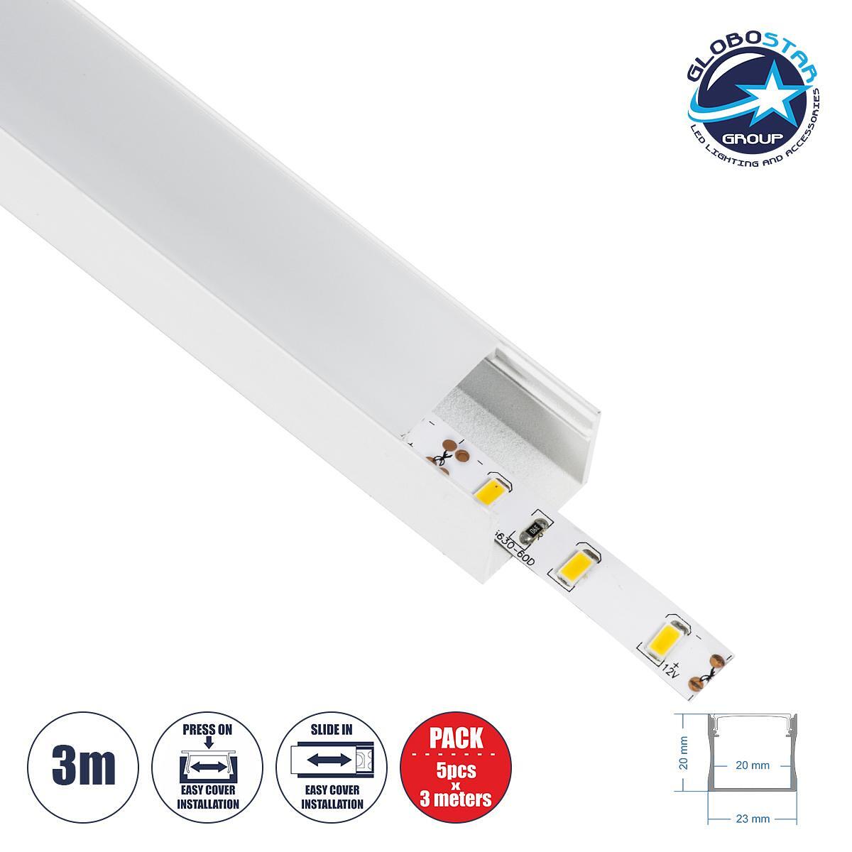 GloboStar® SURFACE-PROFILE 70868-3M Алуминиев профил – Основа и радиатор за LED лента с бяло матово покритие – За повърхностен монтаж – Натискащо се