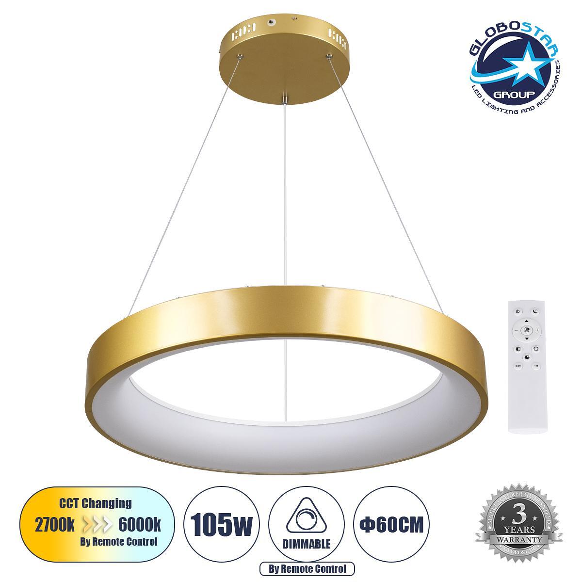 GLOBOSTAR® SALEM 61247 Модерен висящ LED плафон 105W 12075lm 120° AC 220-240V IP20 Регулируема бяла светлина CCT с дистанционно управление от 2700K д